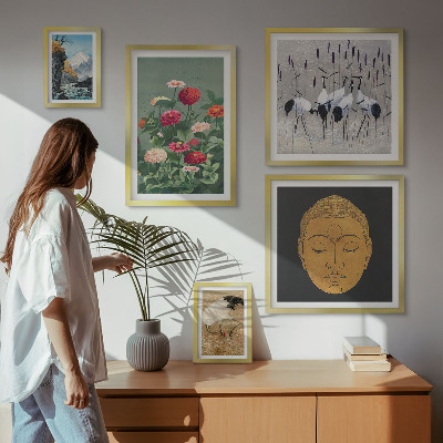 Conjunto de 5 quadros decorativos paisagens asiáticas flores