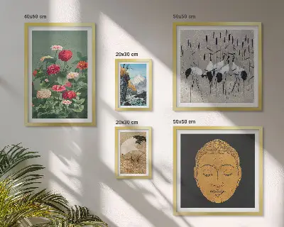 Conjunto de 5 quadros decorativos com estampas de paisagens e flores asiáticas