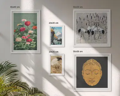 Conjunto de 5 quadros decorativos com estampas de paisagens e flores asiáticas