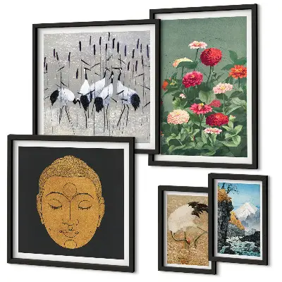 Conjunto de 5 quadros decorativos com estampas de paisagens e flores asiáticas