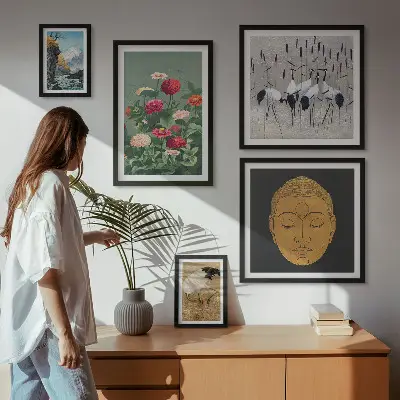 Conjunto de 5 quadros decorativos com estampas de paisagens e flores asiáticas