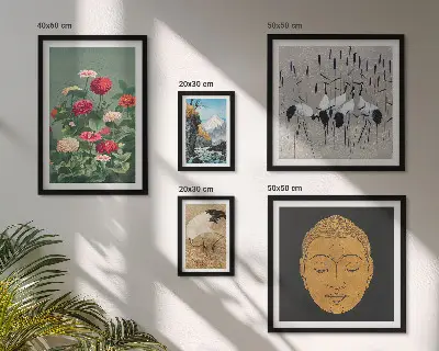 Conjunto de 5 quadros decorativos com estampas de paisagens e flores asiáticas