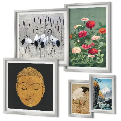 Conjunto de 5 quadros decorativos com estampas de paisagens e flores asiáticas