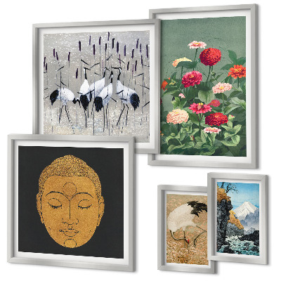 Conjunto de 5 quadros decorativos paisagens asiáticas flores
