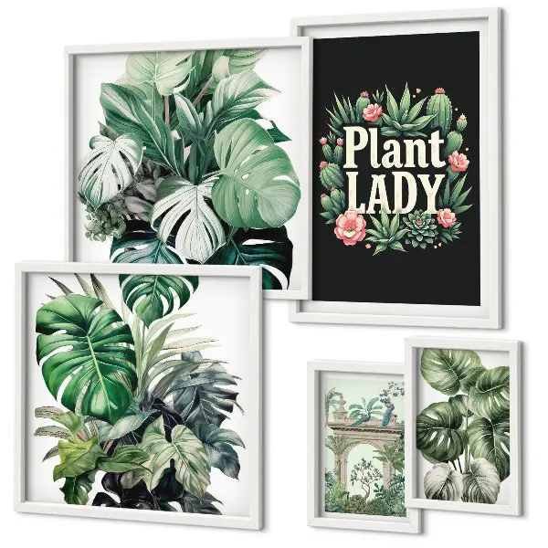 Galeria de quadros de parede com temática boho e tons de verde inspirados em plantas