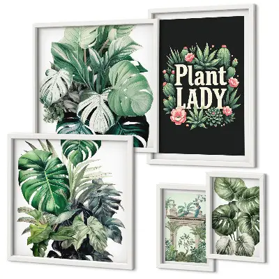 Galeria de quadros de parede com temática boho e tons de verde inspirados em plantas