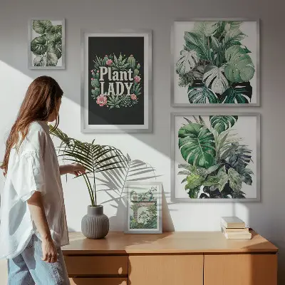 Galeria de quadros de parede com temática boho e tons de verde inspirados em plantas