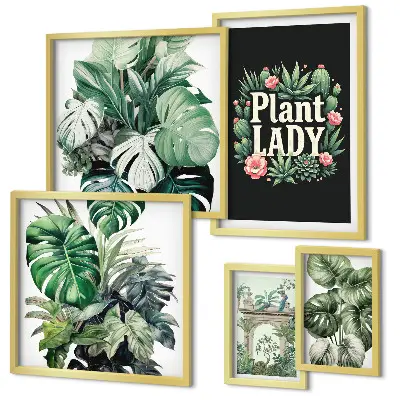 Galeria de quadros de parede com temática boho e tons de verde inspirados em plantas