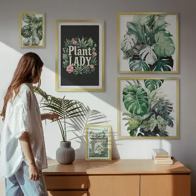 Galeria de quadros de parede com temática boho e tons de verde inspirados em plantas