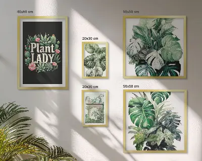 Galeria de quadros de parede com temática boho e tons de verde inspirados em plantas