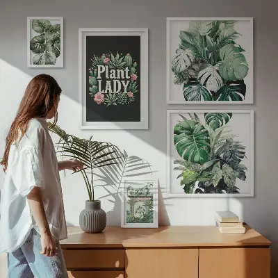 Galeria de quadros de parede com temática boho e tons de verde inspirados em plantas