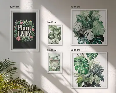 Galeria de quadros de parede com temática boho e tons de verde inspirados em plantas