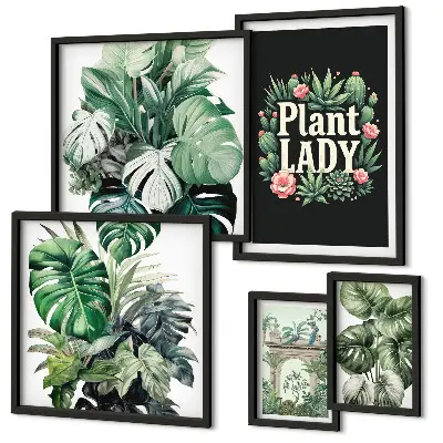 Galeria de quadros de parede com temática boho e tons de verde inspirados em plantas