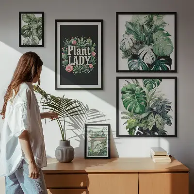 Galeria de quadros de parede com temática boho e tons de verde inspirados em plantas