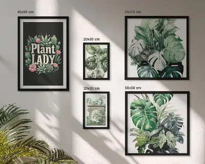 Galeria de quadros de parede com temática boho e tons de verde inspirados em plantas