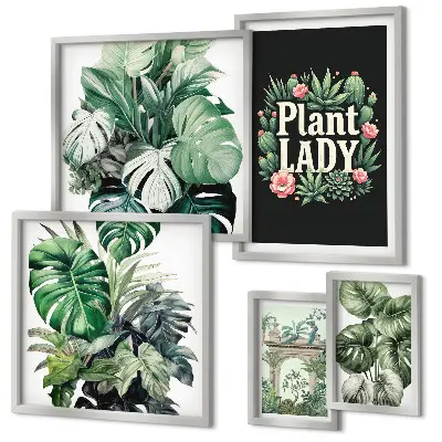 Galeria de quadros de parede com temática boho e tons de verde inspirados em plantas