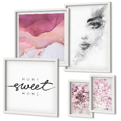 Conjunto de 5 quadros com moldura Retratos de mulheres, flores, pastel