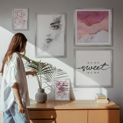 Conjunto de 5 quadros com moldura Retratos de mulheres, flores, pastel