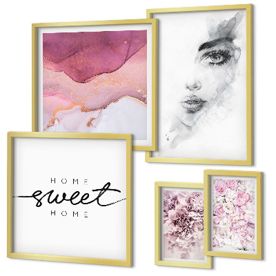 Conjunto de 5 quadros com moldura Retratos de mulheres, flores, pastel