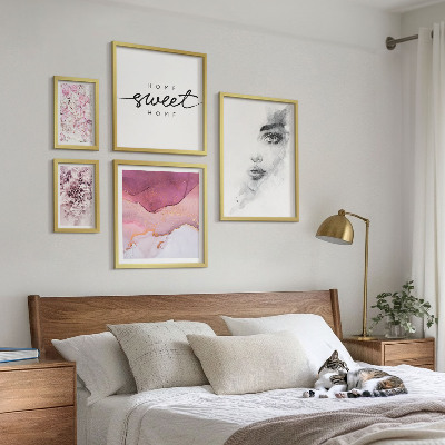 Conjunto de 5 quadros com moldura Retratos de mulheres, flores, pastel