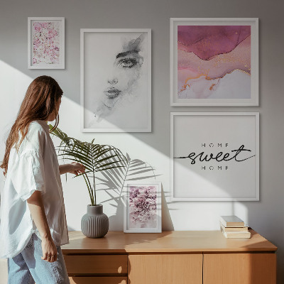 Conjunto de 5 quadros com moldura Retratos de mulheres, flores, pastel