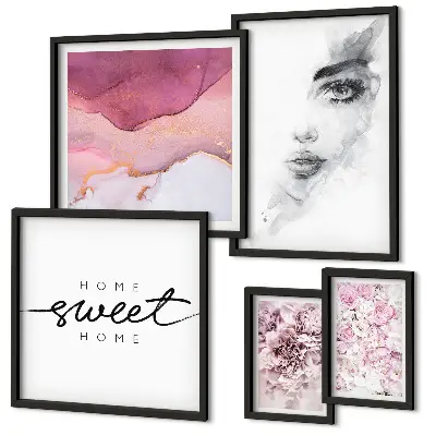 Conjunto de 5 quadros com moldura retratos de mulheres, flores e tons pastel