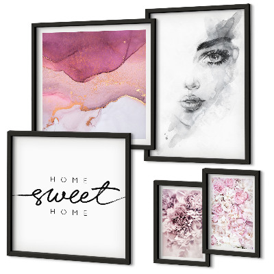 Conjunto de 5 quadros com moldura Retratos de mulheres, flores, pastel