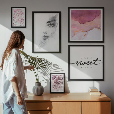 Conjunto de 5 quadros com moldura Retratos de mulheres, flores, pastel