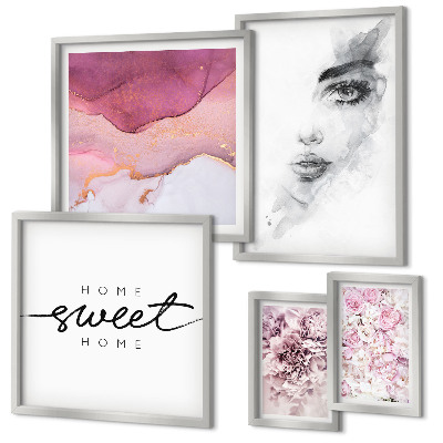 Conjunto de 5 quadros com moldura Retratos de mulheres, flores, pastel