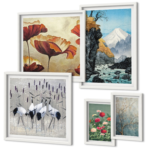 Conjunto de 5 quadros decorativos Paisagens com flores e montanhas
