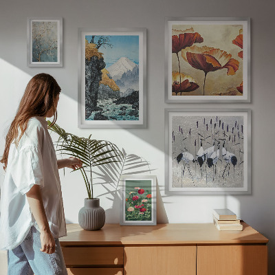 Conjunto de 5 quadros decorativos Paisagens com flores e montanhas