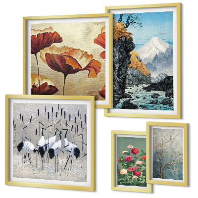 Conjunto de 5 quadros decorativos Paisagens com flores e montanhas