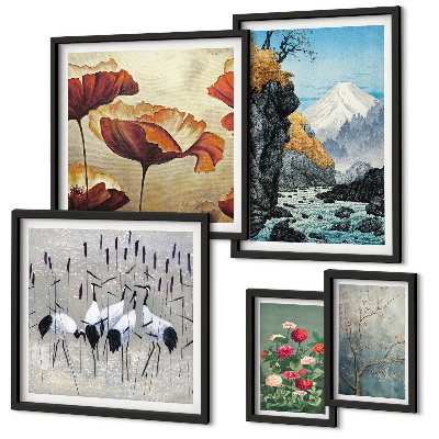 Conjunto de 5 quadros decorativos Paisagens com flores e montanhas