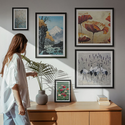 Conjunto de 5 quadros decorativos Paisagens com flores e montanhas