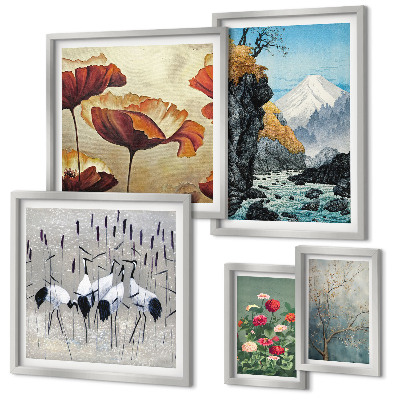Conjunto de 5 quadros decorativos Paisagens com flores e montanhas
