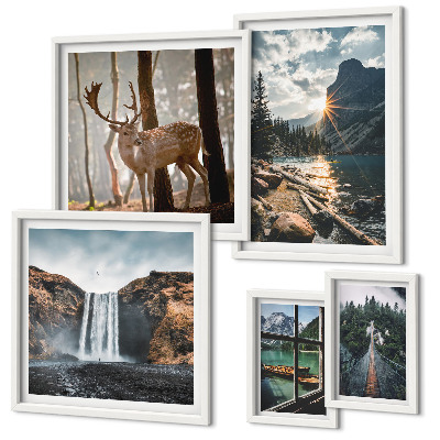 Conjunto de 5 quadros com moldura Paisagens, natureza, cachoeiras, fauna