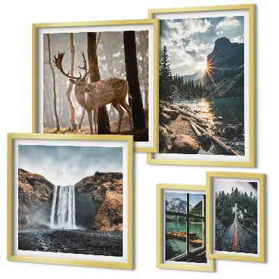 Conjunto de 5 quadros com moldura com temas de paisagens naturais, cachoeiras e fauna