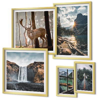 Conjunto de 5 quadros com moldura Paisagens, natureza, cachoeiras, fauna