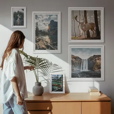 Conjunto de 5 quadros com moldura com temas de paisagens naturais, cachoeiras e fauna