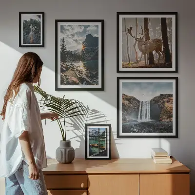 Conjunto de 5 quadros com moldura com temas de paisagens naturais, cachoeiras e fauna