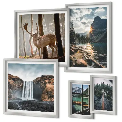 Conjunto de 5 quadros com moldura com temas de paisagens naturais, cachoeiras e fauna