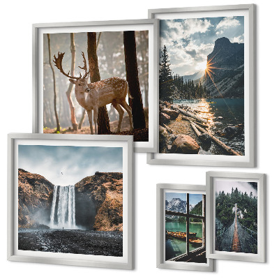 Conjunto de 5 quadros com moldura Paisagens, natureza, cachoeiras, fauna
