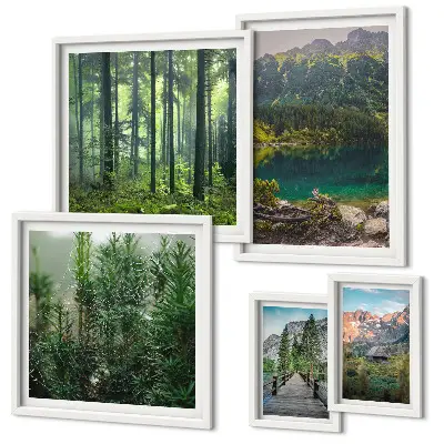 Conjunto de 5 quadros decorativos com paisagens de montanhas e florestas