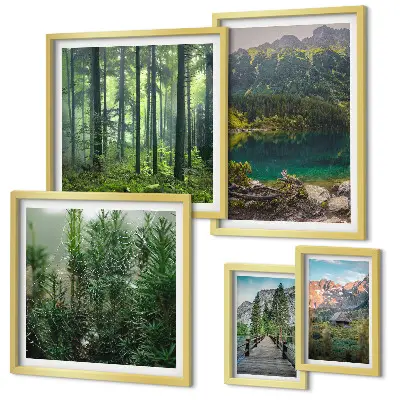 Conjunto de 5 quadros decorativos com paisagens de montanhas e florestas