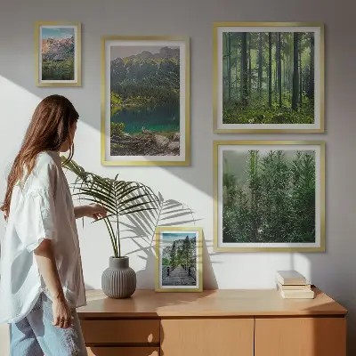 Conjunto de 5 quadros decorativos com paisagens de montanhas e florestas