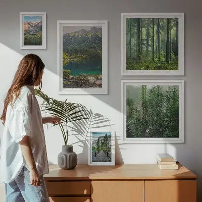 Conjunto de 5 quadros decorativos com paisagens de montanhas e florestas