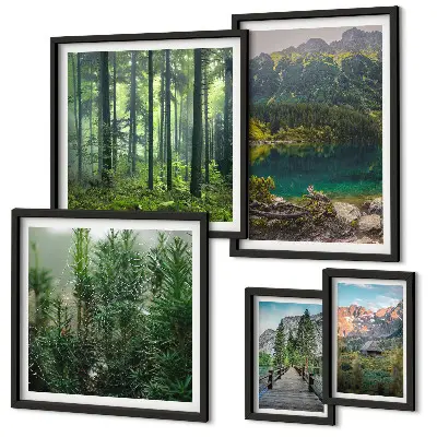 Conjunto de 5 quadros decorativos com paisagens de montanhas e florestas