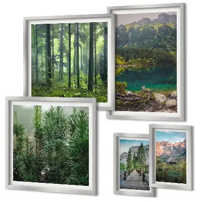Conjunto de 5 quadros decorativos com paisagens de montanhas e florestas