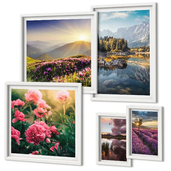 Galeria de quadros para parede com temas de paisagens naturais, flores e montanhas
