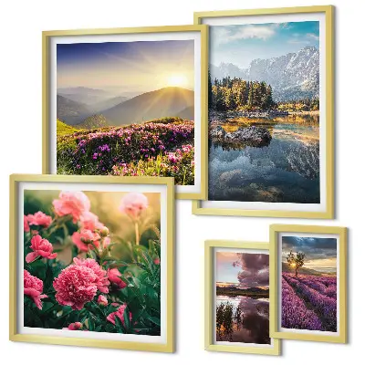 Galeria de quadros para parede com temas de paisagens naturais, flores e montanhas